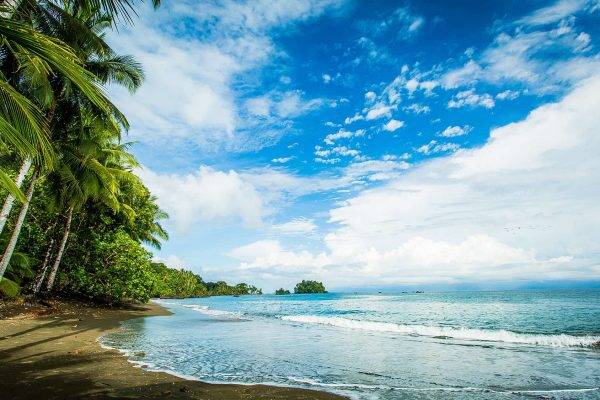 Uma praia tropical ao longo da costa do Pacífico colombiano nas Comunidades da Floresta do Pacífico.